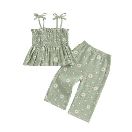Kaipiclos Toddler Girl Clothes Baby Summer Outfits Daisy Print Sleeveless Smocked Camisole Linen Pants 12 18 24 Month 3T 4T (Daisy Green, 3-4T)