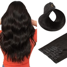HOTBANANA Seamless Clip in Hair Extensions 14 inch 130g 7pcs Natural Black Clip in Remy Human Hair Extensions Straight Hair Invisible PU Skin Weft
