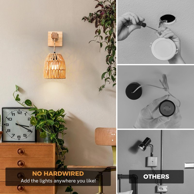 Glitnous Rattan Wall Sconces Battery Operated, Boho Wall Sconce, Battery