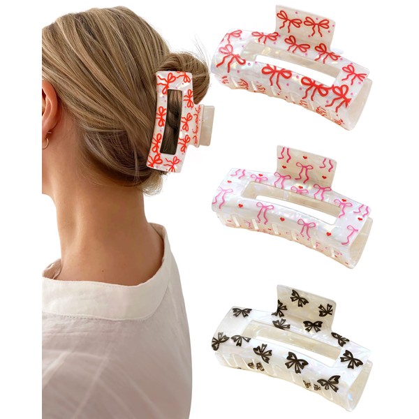 Mesovor 3 Pack Bow Cherry Printed Hair Claw Clips, Non-slip