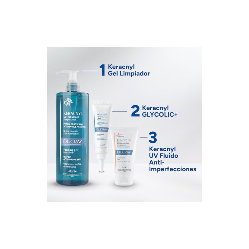DUCRAY, Keracnyl Glycolic Crema Desincrustante, Disminuye Imperfecciones y Puntos Negros,