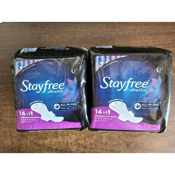 Stayfree STAY FREE ULTRA THIN OVERNIGHT WITH WINGS 28 PADS MADE IN USA CAN BE 2 X 14 PADS