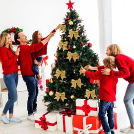 Gold Glitter Bows for Christmas Tree Decoration, 6PCS Christmas Tree Bow Wrapping Wreath Craft Supplies, Red Bows for Xmas Tree Home Christmas Party(Gold)