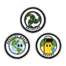 Winks For Days - Parche bordado para planchar con insignia de mérito para adultos (ambiental, juego 1) - Incluye tres (3) parches de 2 pulgadas: residuos reducidos, reciclados y reutilizados