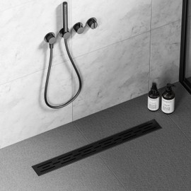 Neodrain 28 in Matte Black Linear Shower Drain, Rectangular Linear Shower Drain with Brick Pattern Grate, Brushed 304 Stainless Steel Bathroom Floor Drain