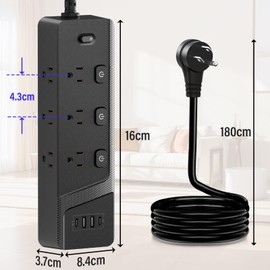 GALASALA Multicontacto Regleta Extension Electrica con Protector Supresor de Picos de Voltaje, 1.8 M, Enchufe Plano, 6 Salidas y 4 USB (2 USB-C), Sleek Socket, Perfecto para Hogar Oficina (Negro)