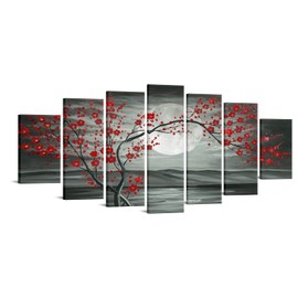 iKNOW FOTO 7 Multi Panel Canvas Wall Art Red Plum Blooming Tree with Full Moon Landscape Painting Artwork Flower Blossom Picture Prints on Canvas Office Living Room Home Decor