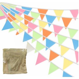 12M Floral Fabric Bunting Banner - 42PCS Flower Pennants with Drawstring Pouches, Reusable Cotton Triangle Flag Garland for Wedding, Birthday, Baby Shower, Nursery, Garden Decorations (Macaron)