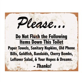 "Do Not Flush Down Toilet-Napkins, Bombs, Hope & Dreams"- Funny Vintage Bathroom Sign- 8 x 10" Distressed Wall Art-Ready to Frame. Retro Bathroom Décor. Perfect Addition For Bar-Man Cave-Restaurants.