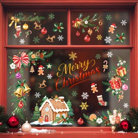 Tanlaby Merry Christmas Window Clings, Gingerbread House Pine Tree Branch Window Stickers Xmas Snowfake Decals for Winter Holiday Decoration Gift Party Supplies