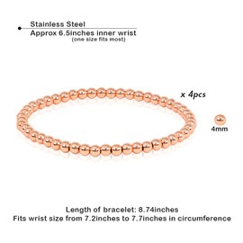 by you Stainless Steel Gold Silver Beaded Ball Bracelets for Women Stretchable Elastic Bracelet Set (4mm / 4pcs - Rose gold)