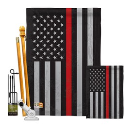 Breeze Decor Firefrighter US Red Stripe Garden House Flags Kit Armed Forces Fireman Fire Department Rescue Line Hero Support Small Decorative Gift Yard Banner Double-Sided Made in USA 28 X 40