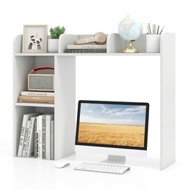 MAT EXPERT Desk Organizer, Wooden Desktop Shelf for 27 Inch Monitor with 5 Shelves & Non-Slip Foot Pads, Anti-Tipping Device, Multipurpose Desk Hutch for Study, Office, Dorm (White)