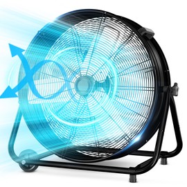 LifePlus 24 Inch Industrial Drum Fan High Velocity Floor Shop Fan 3 Speed, Heavy Duty Metal Air Circulator with Adjustable Tilt & Large Wheel for Warehouse, Garage, Factory, Patio, Barn, Black