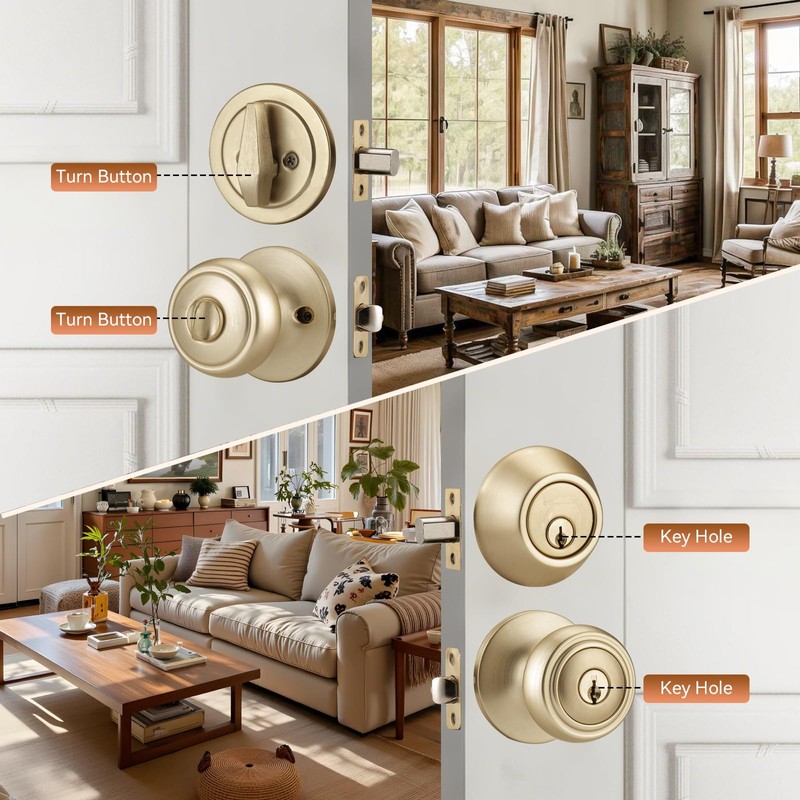 NCSEN Brushed Gold Door Knobs with Lock, Exterior Door Lock
