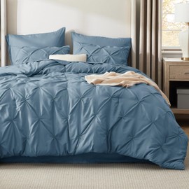 Bedsure California King Comforter Set Mineral Blue - Bed in a Bag Cal King Bedding Set 7 PCS, GentleSoft™ Pintuck Bed Set Gift for Family, Pinch Pleat Blue Comforter with Sheets, Pillowcases & Shams