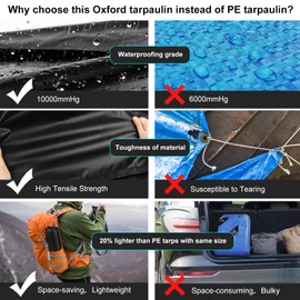 Honsaifau Waterproof Tarpaulin Outdoor Cover: Black 1.5m x 2m 420D Lightweight Oxford Fabric Tarp Sheet with Reinforced Loops - Tear-Resistant UV Protection for Camping Backpacking Hiking Shelter