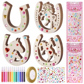 Fentar Wooden Horseshoe, Wooden Discs, Horseshoe, Children's Birthday Parties with Watercolour Pencil, Glitter Ribbon and Stickers, Wooden Horseshoe Crafts for Children Party, Birthday Decoration,