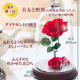 Preserved Flower, Beauty and the Beast, Rose, Single Rose, Natural Diamond, Glass Dome (Red, Diameter 5.1 x Height 8.3 inches (13 cm) x Height 8.3 inches (21 cm)), Proposal, Girlfriend, Wife, Wedding,