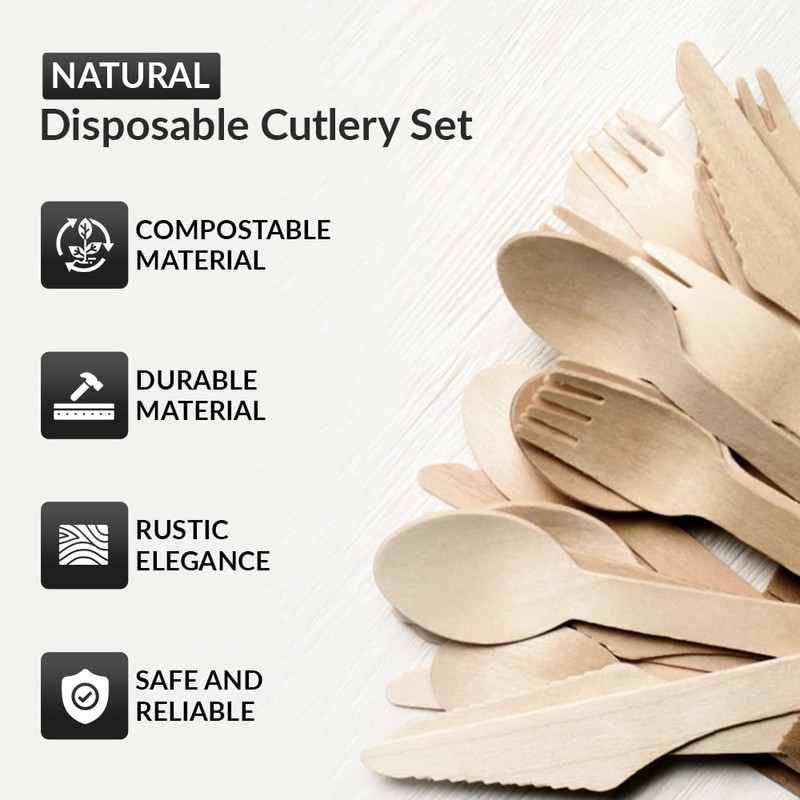 1Above 100Pk Disposable Wooden Cutlery Set, 100% Natural and Biodegradable,