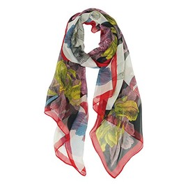 PANTONIGHT Long Chiffon Sheer Scarf Flowers Patchwork Printed Lightweight Scarf For Womens (718 Red)