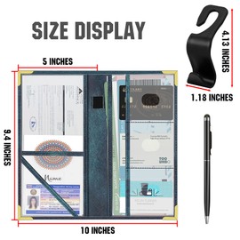 bvya Corner Guard Car Registration and Insurance Card Holder, Leather Vehicle Glove Box Organizer with 4 Pack Car Seat Headrest Hook