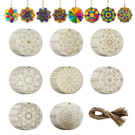 Weosmira 40Pcs DIY Unfinished Mandala Painting Wood Craft Wooden Chips Coloring for Kids Gifts Unfinished Wood Hanging Ornaments for School Home and Party Decorations