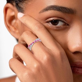 Blaniy 925 Sterling Silver Stackable Rings for Women Cross Line Wedding Band Promise Engagement Anniversary Half Eternity Ruby Ring July Birthstone Jewelry Gifts for Women Size 8