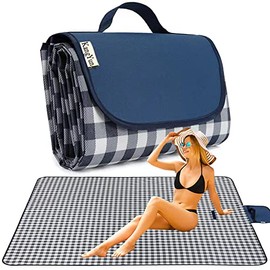 Beach Blanket Outdoor Picnic Blanket Mat 80"x60" Extra Large Waterproof Sand Proof Camping Blanket Lightweight Folding Portable Travel Blanket for Family Park Beach Grass (Dark Blue Grid)