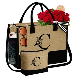 YOOLIFE Birthday Gifts for Women, Initial Jute Tote Bag Beach Tote Bag Gifts for Mom Teacher Gifts Daughter In Law Gifts Bridal Shower Gifts Sister Gifts Grandma Gifts Initial Bag Tote Bag for Women C
