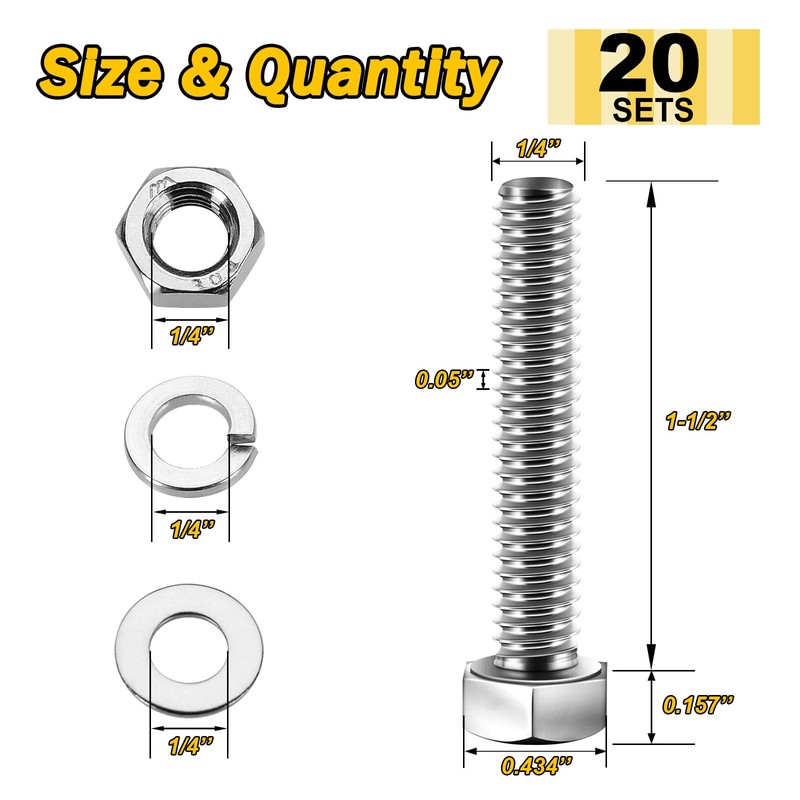 Mywish (20 Sets) 1/4-20x1-1/2 Hex Head Assorted Screws Nuts and