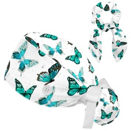 Butterfly Retro Adjustable Women Working Cap with Bow Hair Scrunchy, Bouffant Hat with Buttons