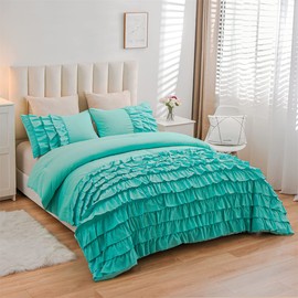Holawakaka Aqua Waterfall Ruffle Comforter Set Full Size Multi-Layers Ruffled Shabby Chic 3PCS Bedding Set for Girls Women (Aqua, Full)