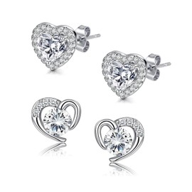 2 Pairs Sterling Silver Earrings for Women, Stud Earrings for Women, Stud Earrings Cubic Zirconia Heart Studs, Dainty Earrings Jewellery Gifts for Girls, Hypoallergenic 925 Silver Earrings