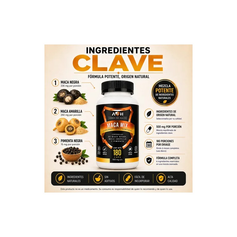 Suplemento Maca Negra Amarilla Y Pimienta De 180 Cáps A4h