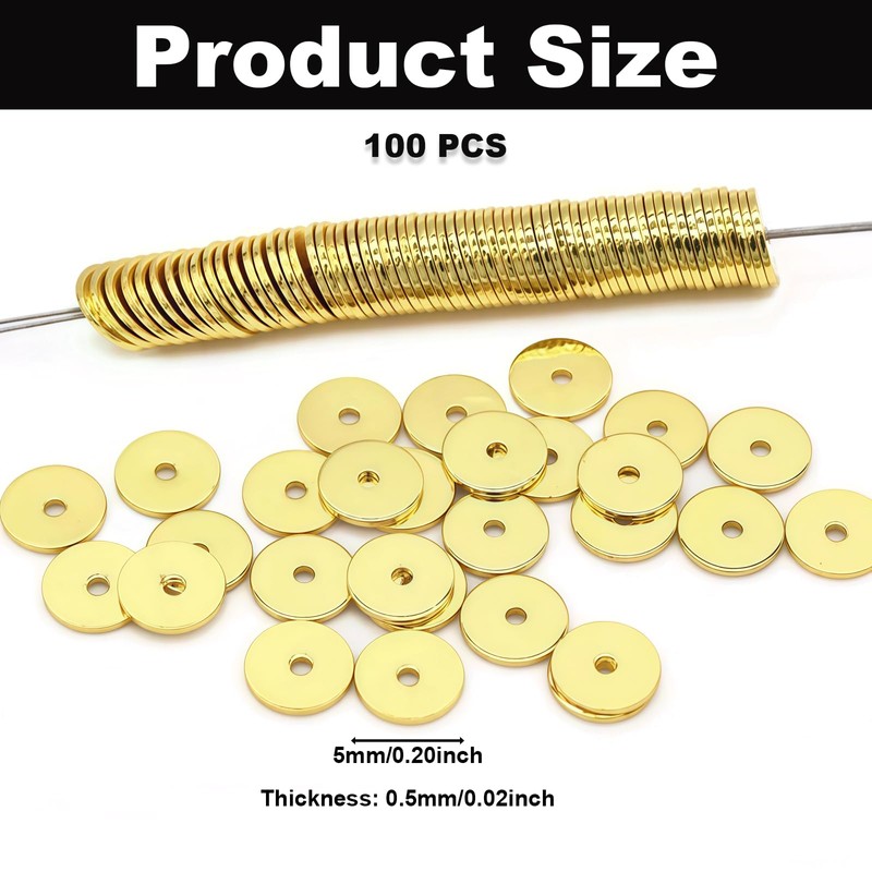 100PCS Round Wheel Spacer Beads, Gold Flat Disc Metal Beads,