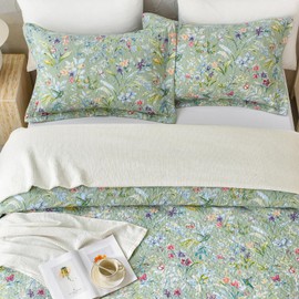 Sanracie Green Floral Queen Size Quilted Pillow Shams Set of 2 (20"x30"), 100% Cotton Green Bird Butterfly Print Pattern Quilted Bed Pillow Covers Envelope Closure Breathable Soft Pillowcases