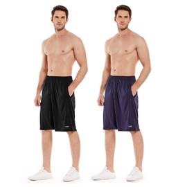 LEAO Pantalones Cortos de Baloncesto para Hombre con Bolsillos con Cremallera, Secado rápido, Ajuste Holgado, Pantalones Cortos Deportivos para Correr, Negro/Azul Marino (2 Unidades), Large