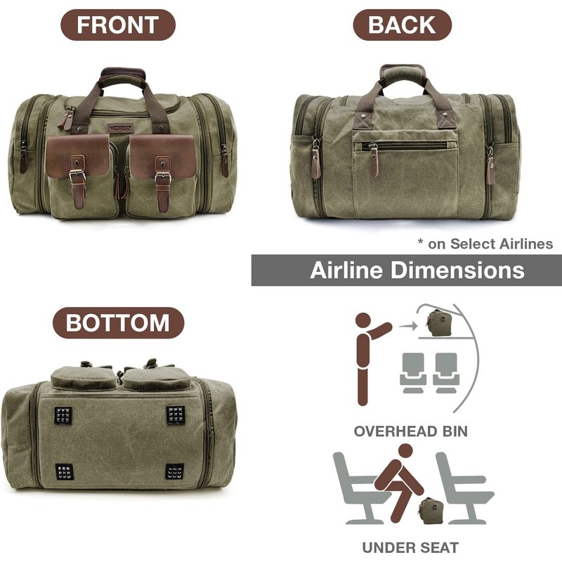 Wildroad 60L Travel Duffel Bag, Expandable Canvas Genuine Leather Duffle