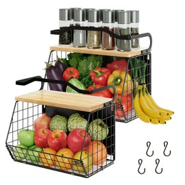 Mefirt Magnetic Shelf for Fridge with Wood Lid, Fruit Potato and Onion Storage Bins, Magnetic Spice Rack for Refrigerator Large Container Wire Basket for Refrigerator, Kitchen Counter, Cabinet