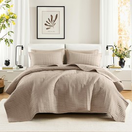Comfort Spaces Kienna Quilt Set-Luxury Double Sided Stitching Design Summer Blanket, Lightweight, Soft, All Season Bedding Layer, Matching Sham, Taupe, Coverlet Full/Queen(90"x90") 3 Piece