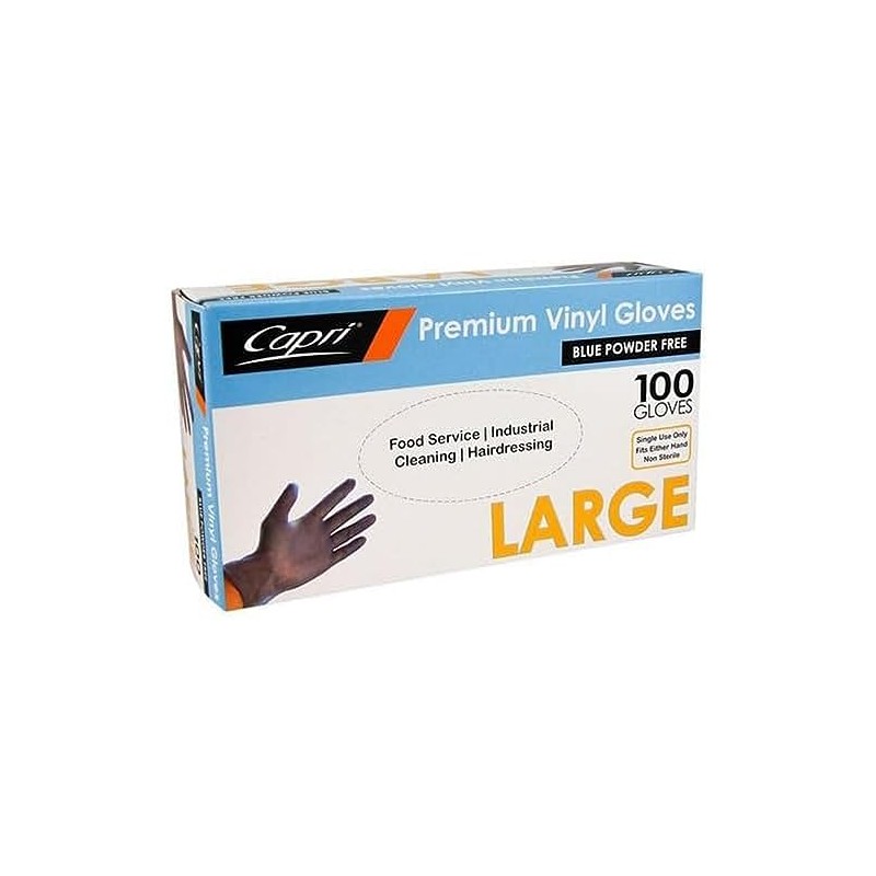 Capri Powder Free Vinyl Gloves (Pack of 100), Blue, Large