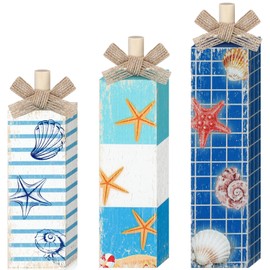 Redbaker 3 Pcs Beach Wood Table Block Decoration Summer Tiered Tray Decor Starfish Wooden Tabletop Sign Farmhouse Rustic Wooden Beach Sign Centerpieces for Summer Home Party Table