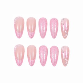 MISUD Almond Press on Nails Medium Fake Nails Glossy Glue on Nails Pink Acrylic Nail Supplies Stiletto Artificial Nail Art Bling Glitter Pearl Stick on False Nails with Starfish Design DIY 24 pcs