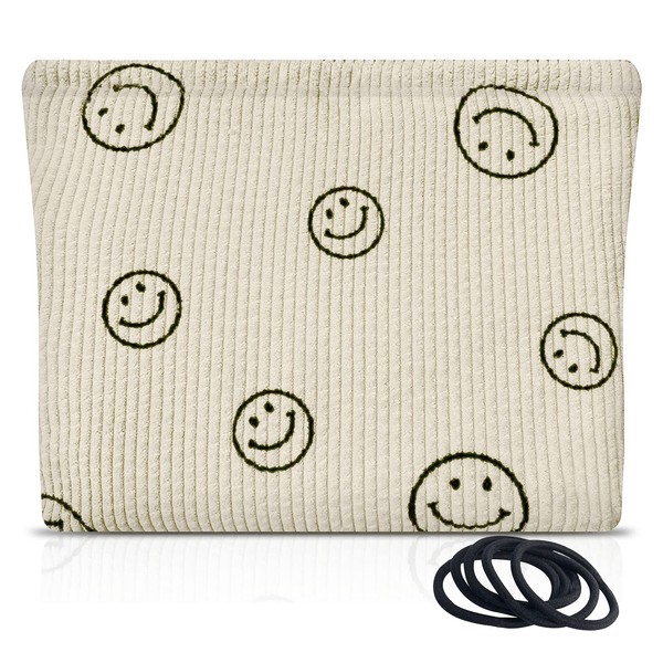Women's Travel Cosmetic Bag, Portable Corduroy Toilet Bag, Printed with Happy Faces, Makeup Organiser Bag with Zip for Women and Girls, beige