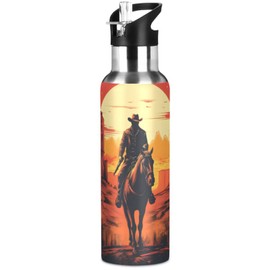 Sunset Cowboy Horse Water Bottle Kids Insulated Sports Vacuum Stainless Steel Mug with Straw Lid & Handle 20 oz