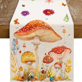 Girlly Spring Mushroom Wildflowers Table Runner 13x72 Inch Floral Hello Spring Butterfly Seasonal Anniversary Holiday Kitchen Dining Table Decoration for Indoor Kitchen Dining Home Party Decor