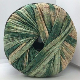 Berlini Ribbon Yarn Tinkerbella - 5/8" Wide Variegated with Glitter Zigzag Color #43 Brilliant Herbs - Greens, Beige