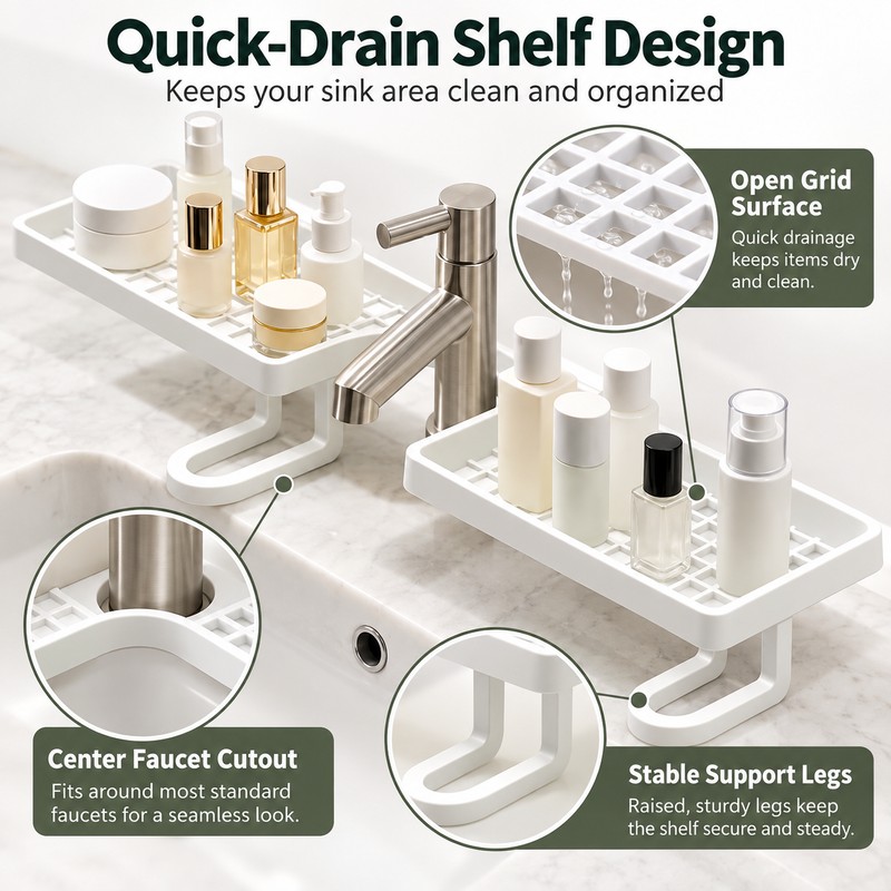 50cm Over-Faucet Sink Shelf for Bathroom Storage – No-Drill Quick-Drain