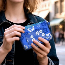 GEGEPINK ID Case Keychain Wallet with Lanyard RFID Minimalist Water Resistant Small Coin Pouch with Clear ID Window Cute Zipper Coin Pouch, Hawaiian Floral-Keychain Wallet, 3x5 INCHE, Funny